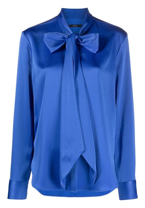 Blue bow-collar satin blouse - women